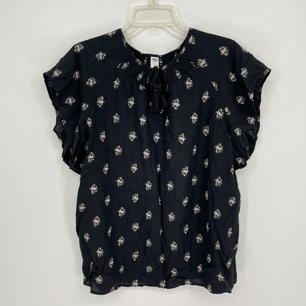 Old Navy Women's Black Floral Smocked Tassel Flutter Sleeve Swing Blouse Size L